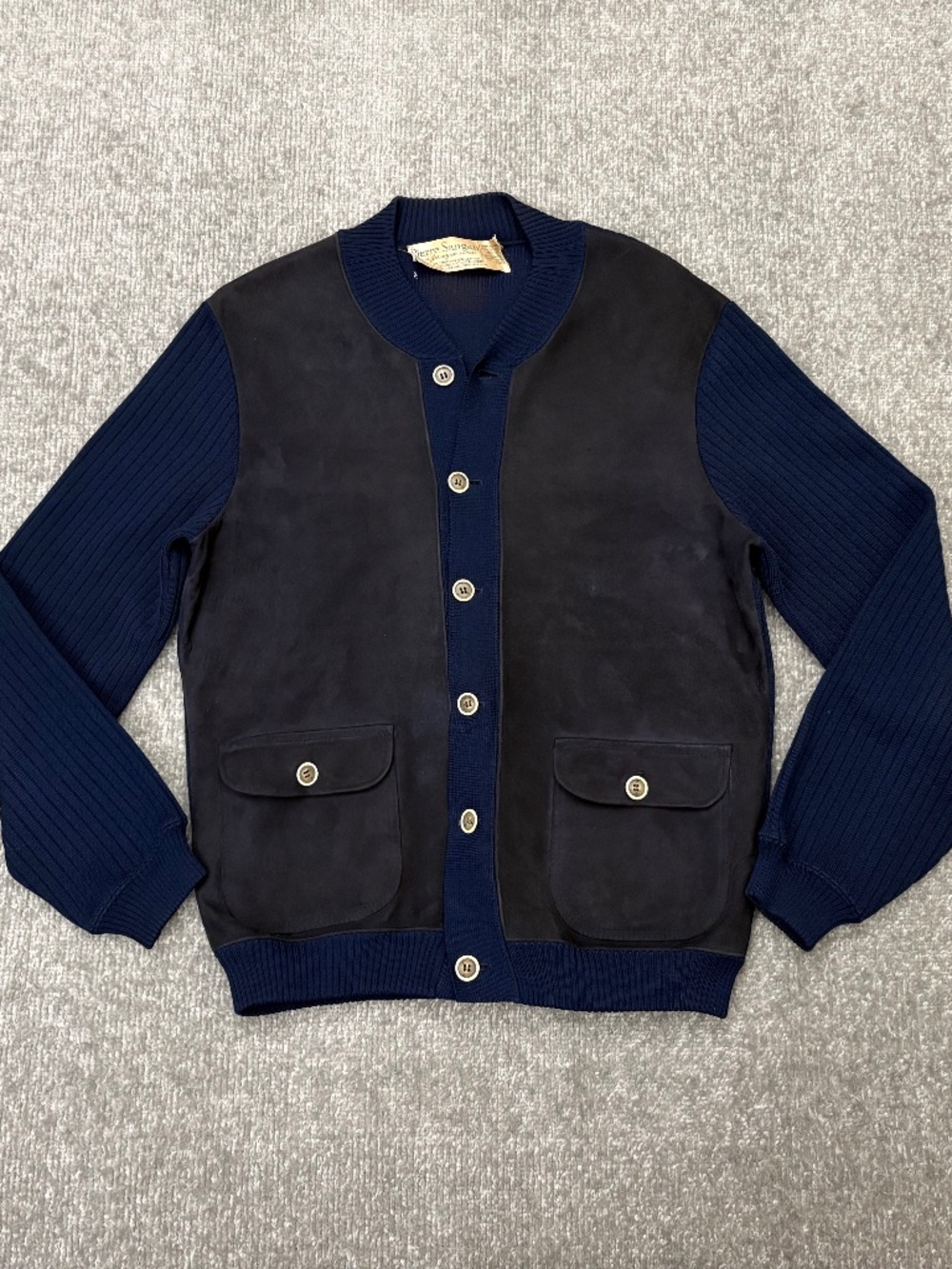 Vintage Pierre Sangan Sweater Men's Size Medium Wool & Suede Cardigan
